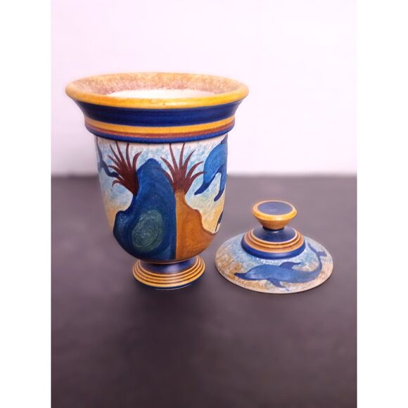 Vintage Minoan Style Pottery Made in Greece Dolphin Ocean Motif Urn Pot with Lid - Picture 3 of 6